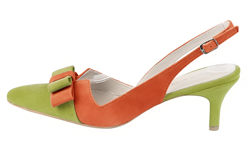 Pistachio green and clementine orange women's open back shoes, with a knot. Tapered toe. Medium slim heel. Profile view - Florence KOOIJMAN